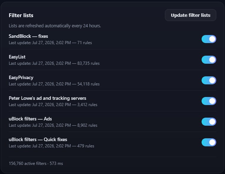 Die SandBlock-Einstellungen mit den aktiven Filterlisten, ihrer Regelzahl und dem letzten Update