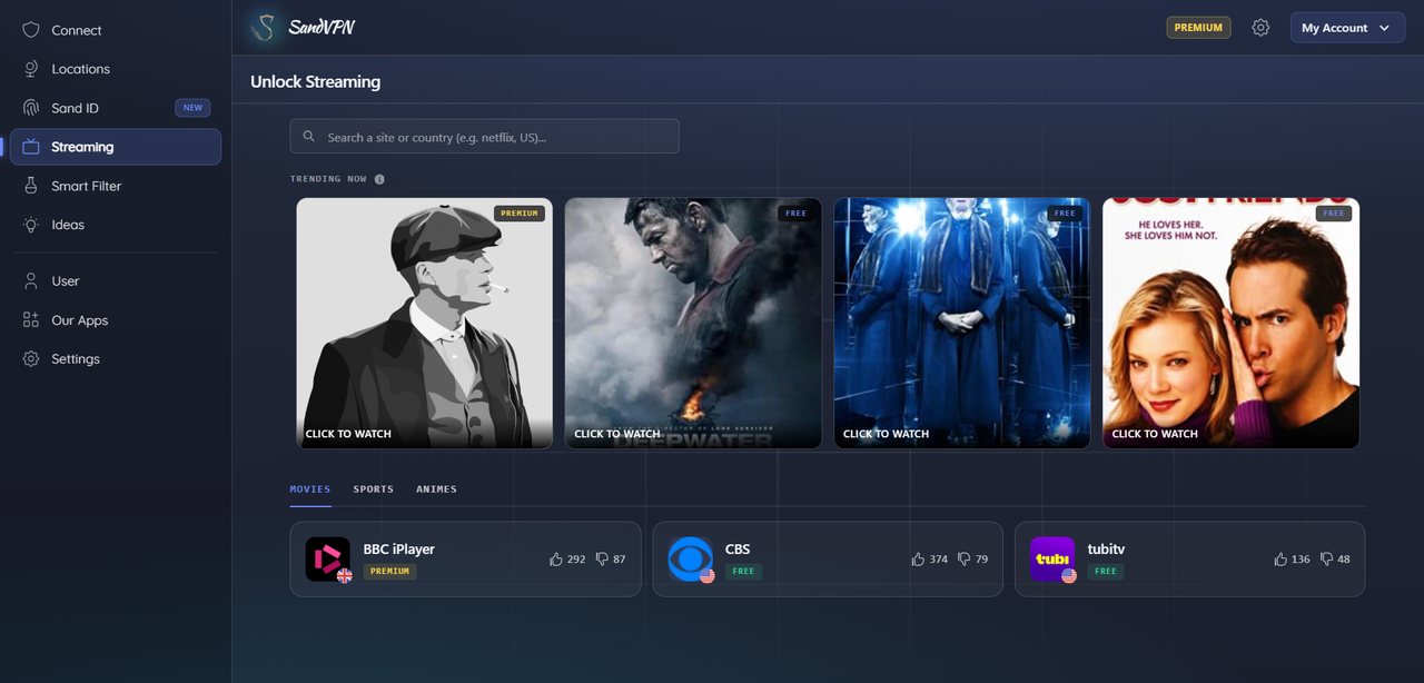 Die SandVPN-Erweiterung im Streaming-Tab, mit Sendern und ihrer kostenlosen oder Premium-Stufe